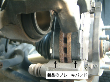 ブレーキキャリパーに新品のブレーキパッドをセットする