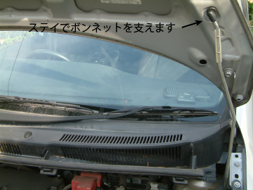 ステイでボンネットを支える