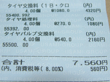 宇佐美鉱油でタイヤ交換した時のレシート